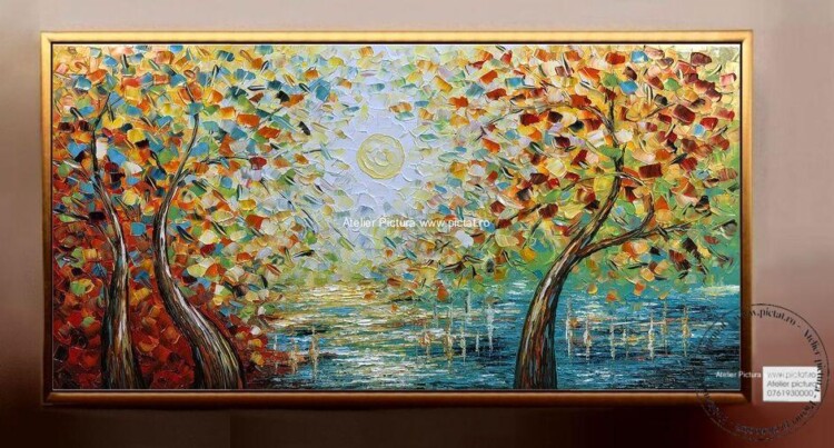 Tablou abstract copaci cu frunze ruginii, Tablou peisaj toamna, tablou multicolor, tablou copac 4 anotimpuri
