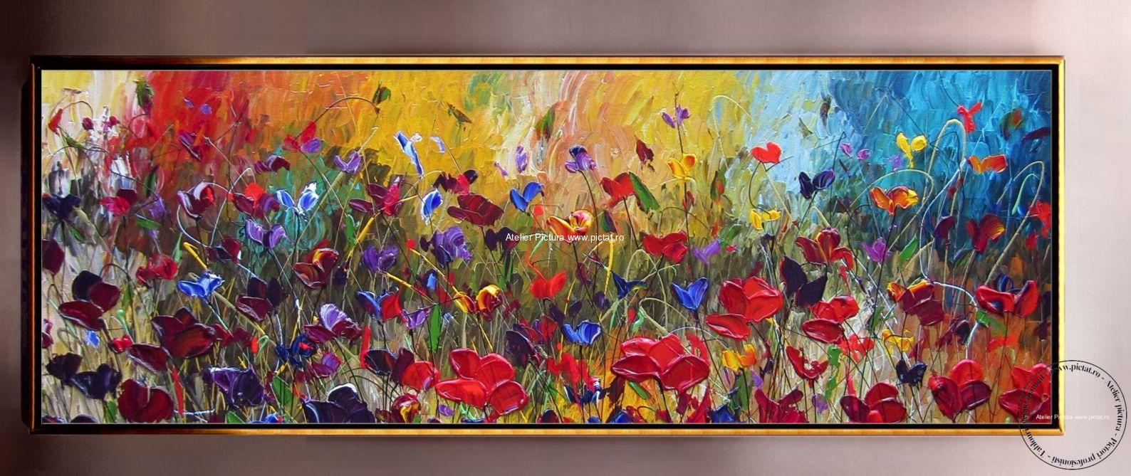 Tablouri pictate manual Tablou abstract cu flori de camp multicolore, Tablou abstract mare