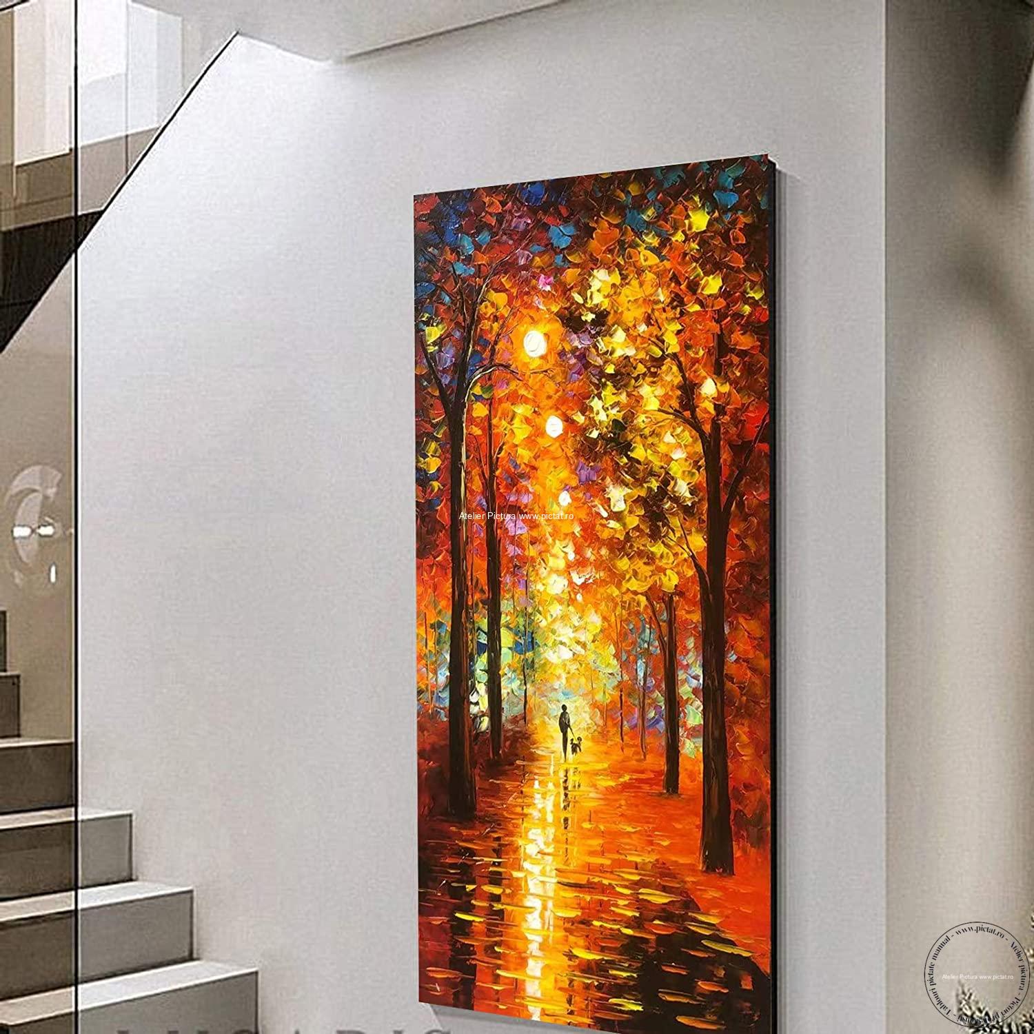 Tablouri pictate manual Tablou abstract cu indragostiti, tablou abstract multicolor, tablou abstract mare, tablou abstract living, Tablou peisaj toamna - imagine 3