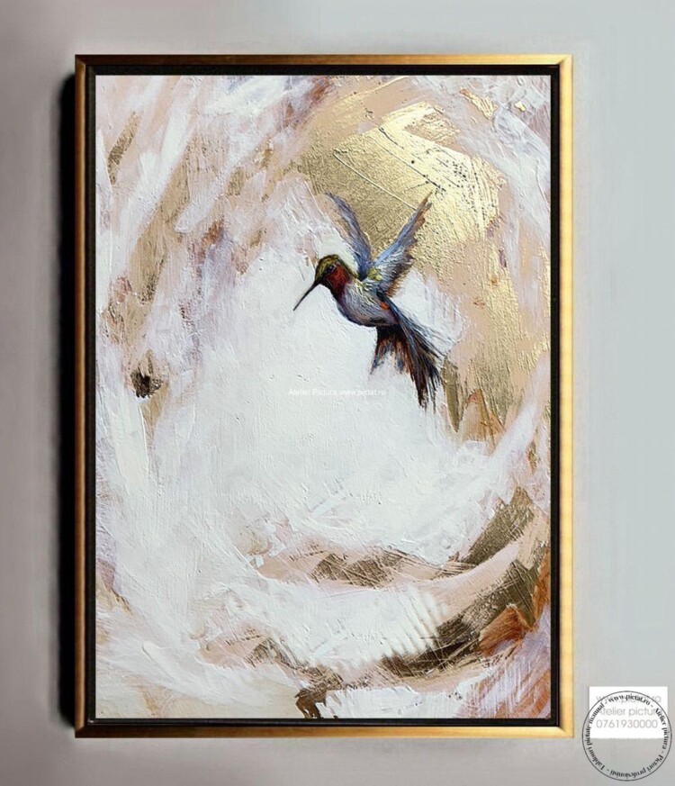 Tablouri pictate manual Tablou abstract cu pasare in zbor, tablou placat cu foita de aur