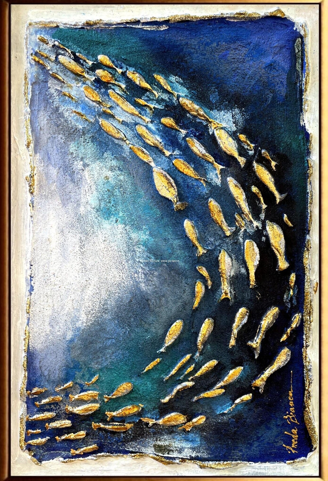 Tablouri pictate manual Tablou abstract cu pesti in ocean, Tablou pictura 3d feng shui Tablou pictura cutit 40x50cm