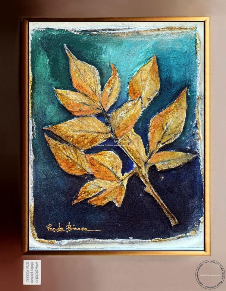 Tablouri pictate manual Tablou abstract decorativ, tablou frunze, Pictura cutit, tablou auriu, tablou turcoaz 30x40cm