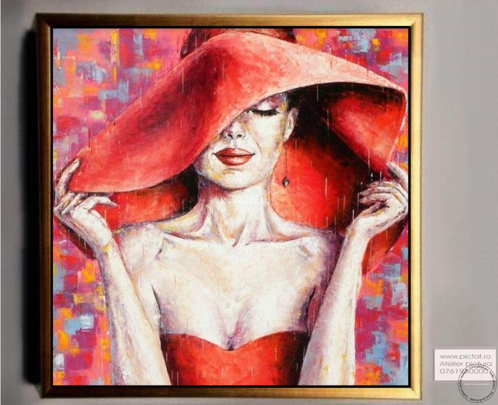 Tablouri pictate manual Tablou abstract, doamna cu palarie rosie. Lady in red