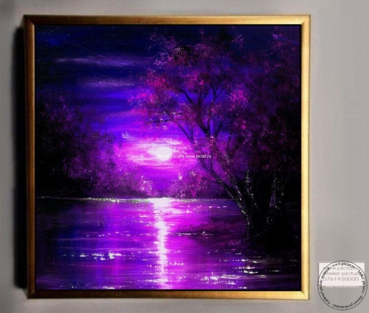 Tablouri pictate manual Tablou abstract mov, tablou cu luna plina, tablou peisaj de noapte
