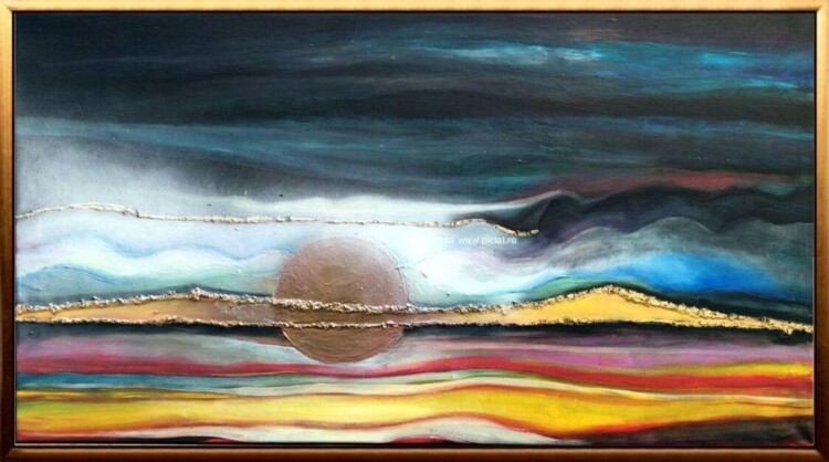 Tablouri pictate manual Tablou abstract peisaj, tablou apus de soare, tablou rasarit de soare 50x100cm
