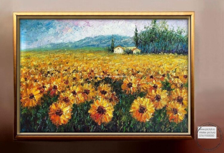 Tablouri pictate manual Tablou abstract, peisaj de vara, camp cu floarea soarelui