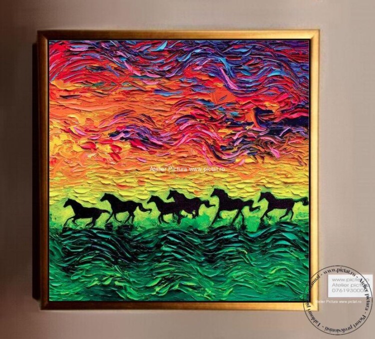 Tablouri pictate manual Tablou abstract, tablou cu cai alergand, peisaj van gogh, Tablou cu cai negrii