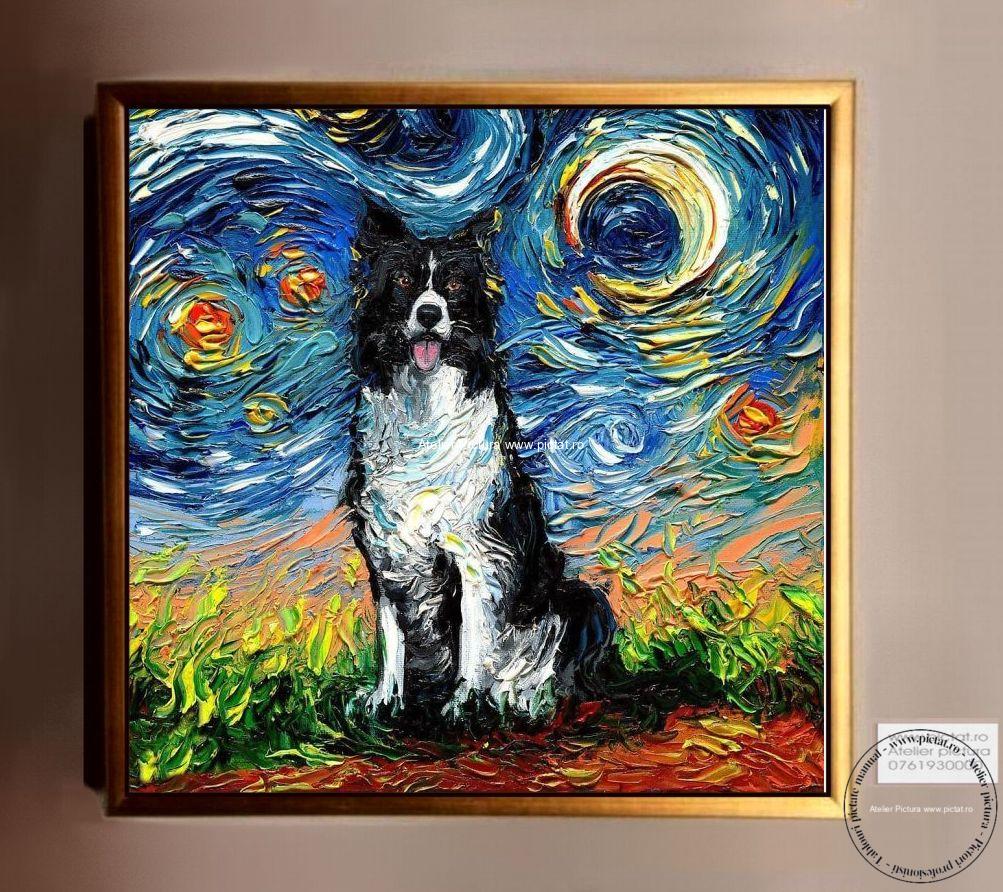 Tablouri pictate manual Tablou abstract, tablou cu caine Border Collie, peisaj van gogh