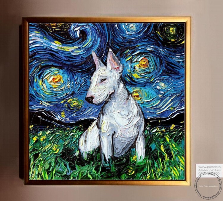 Tablou abstract, tablou cu caine Bull Terrier, peisaj van gogh