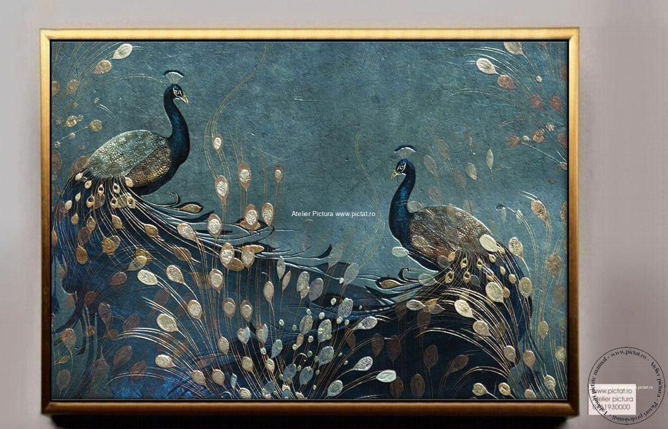 Tablou abstract, tablou cu pereche de pauni imperiali indieni