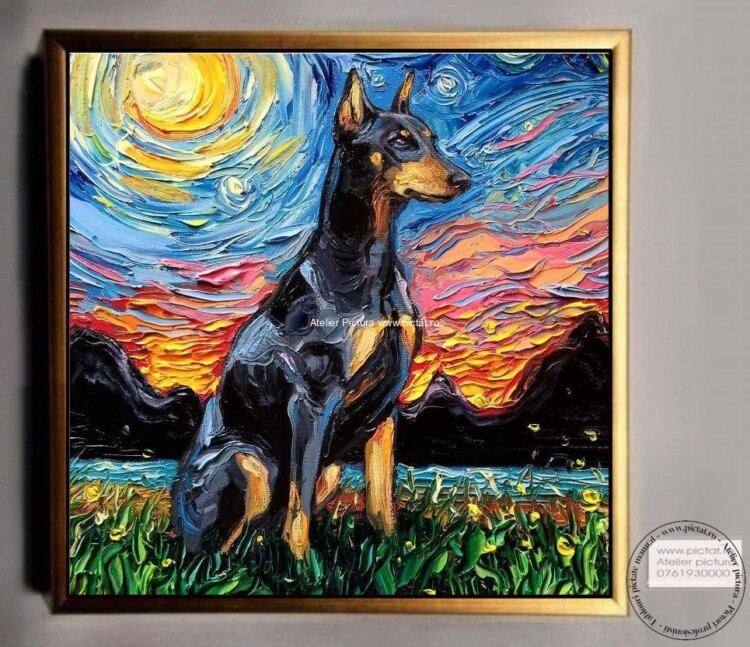 Tablouri pictate manual Tablou abstract, tablou cu pui de caine Dobermann, peisaj van gogh