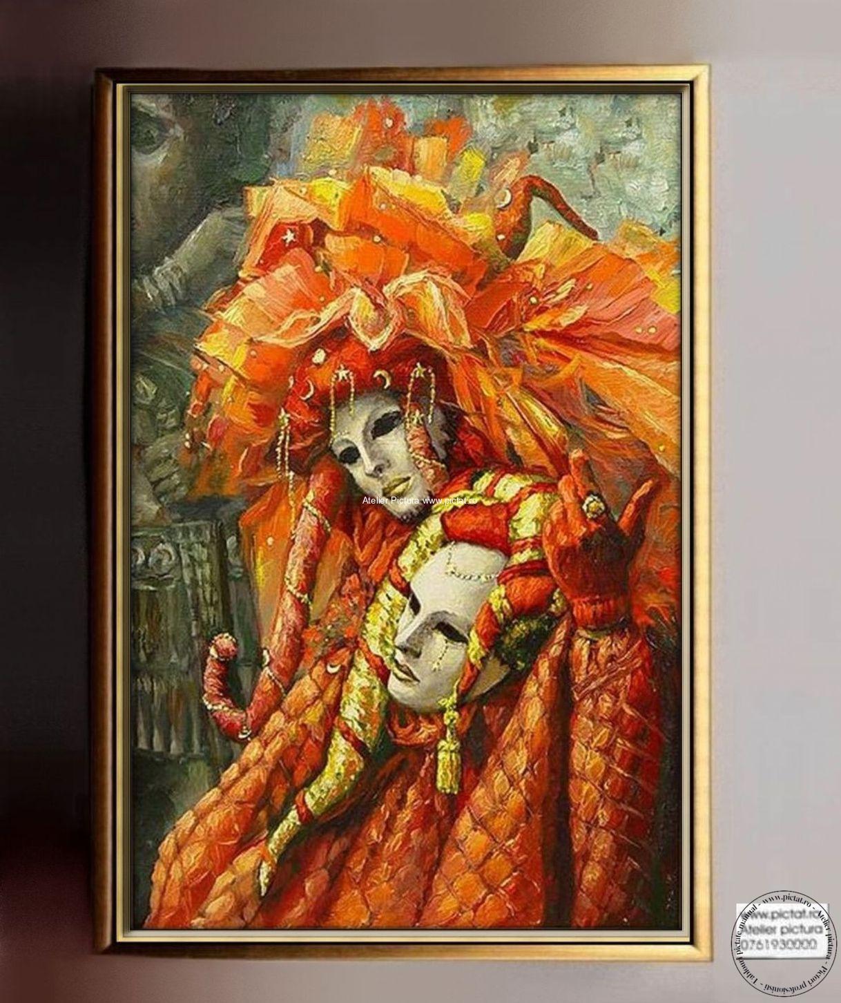 Tablouri pictate manual Tablou abstract, tablou femeie, tablou masca venetiana