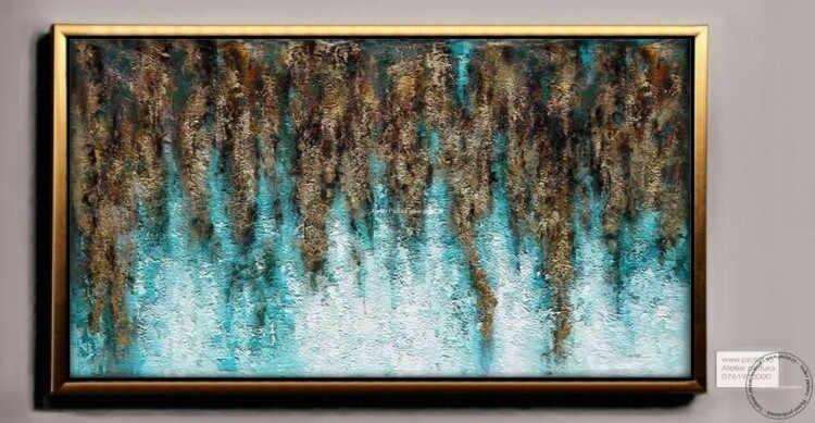 Tablouri pictate manual Tablou abstract turcoaz, tablou abstract bronz, pictura cutit dimensiune mare