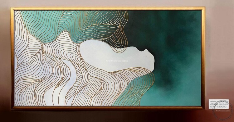 Tablou abstract verde, tablolou filigram auriu, Tablou 3D, Rame tablouri, Atelier pictura, tablou contemporan, Tablou verde turcoaz alb