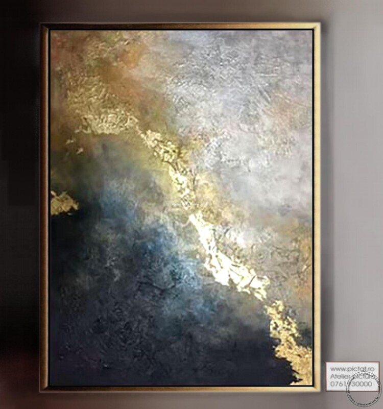 Tablou albastru, tablou turcoaz, tablou abstract auriu, tablouri aurii, tablou foita aur, tablou in relief efect 3D
