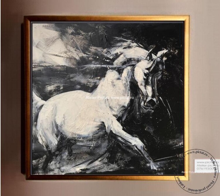Tablouri pictate manual Tablou cal alb, tablou alb negru, tablou abstract alb negru, tablou abstract mare, tablou abstract living