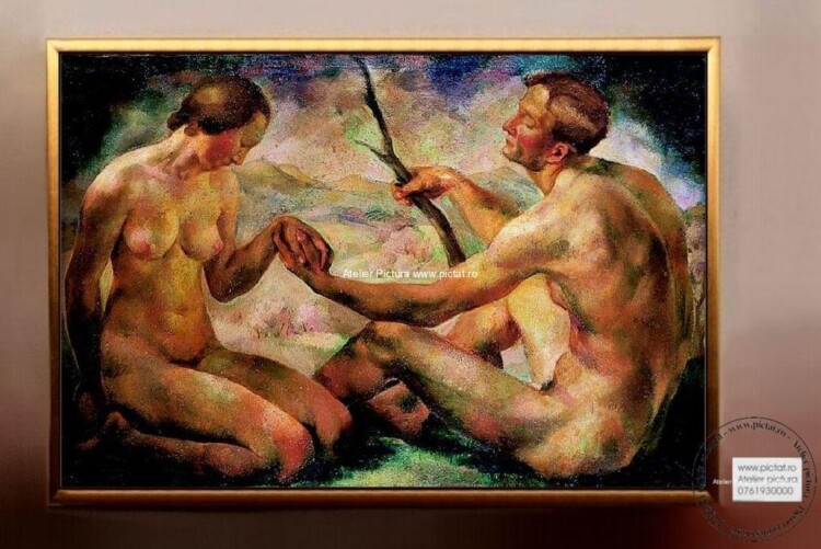 Tablouri pictate manual Tablou contemporan, tablou Adam si Eva, Tablou cuplu Nud