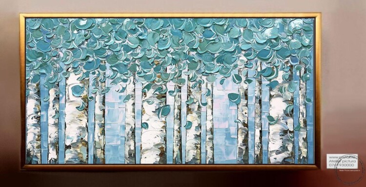 Tablou copac cu frunze bleou, tablouri cu copaci, tablouri frunze, tablou contemporan, tablou sufragerie, tablouri abstracte