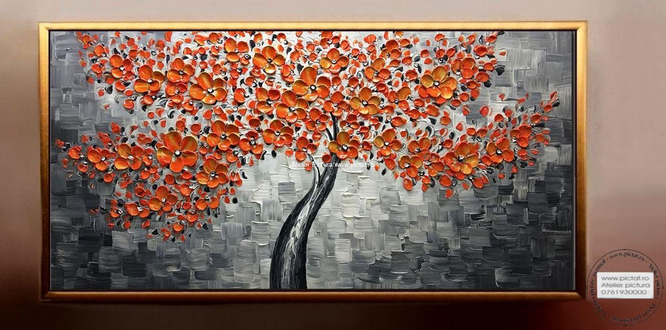 Tablou copaci cu flori oranj, Tablou copaci ornamentali, tablouri abstracte, Tablouri pictori romani de vanzare, tablouri abstracte
