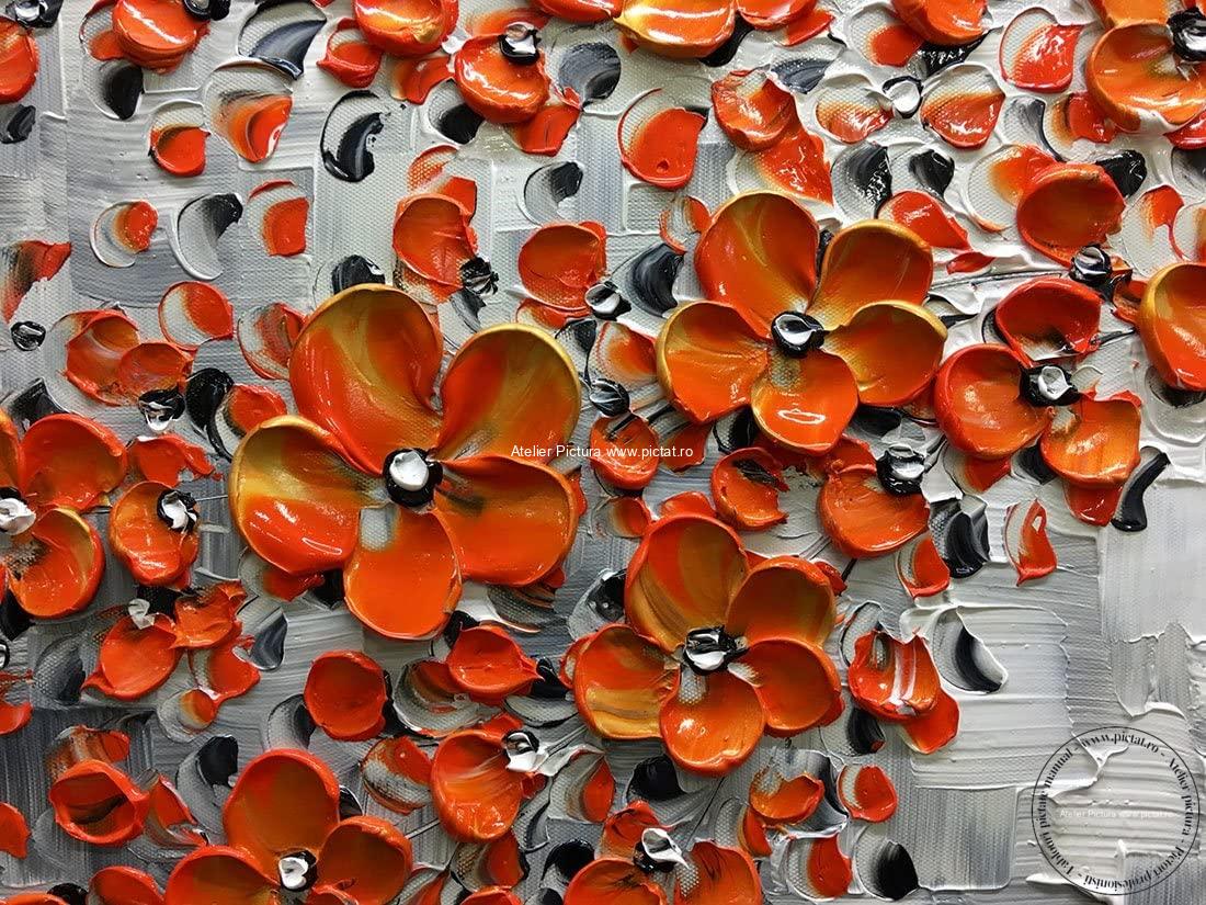 Tablouri pictate manual Tablou copaci cu flori oranj, Tablou copaci ornamentali, tablouri abstracte, Tablouri pictori romani de vanzare, tablouri abstracte - imagine 6