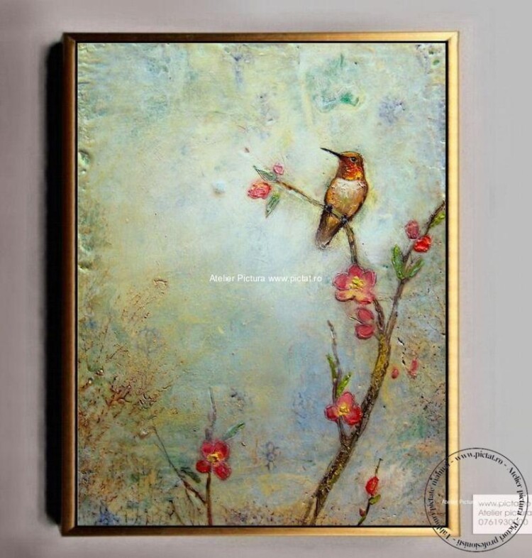 Tablouri pictate manual Tablou cu flori si pasari, Tablou abstract, tablou flori roz