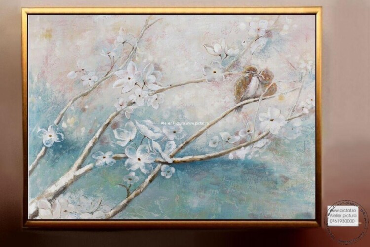 Tablou cu pasari, Tablou copac inflorit, Tablou cu flori albe, Rame tablouri, Atelier pictura, tablou contemporan, tablouri abstracte, tablouri mari