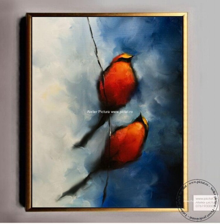 Tablouri pictate manual Tablou cu pasari rosii exotice, Tablou abstract