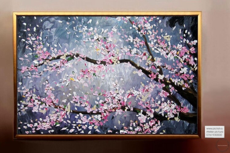 Tablouri pictate manual Tablou flori albe, Tablou abstract, tablou copac flori roz