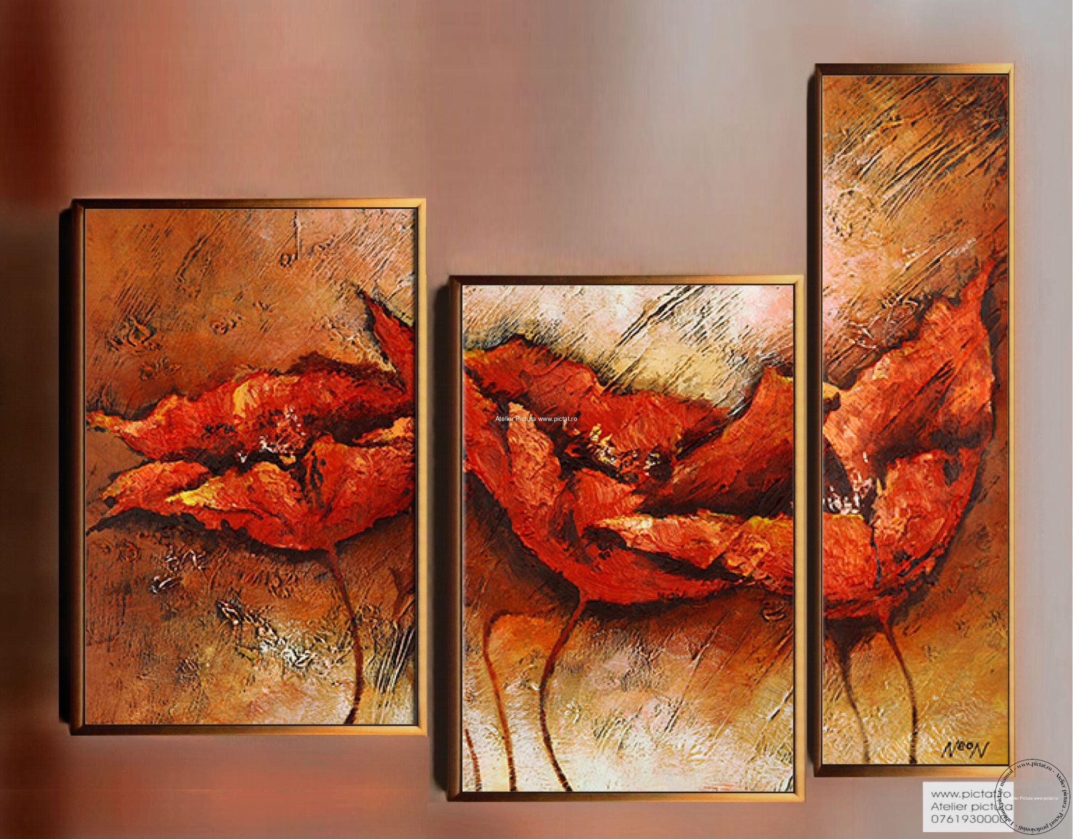 Tablouri pictate manual Tablou flori maci rosii, Tablou abstract, Set tablou flori de camp