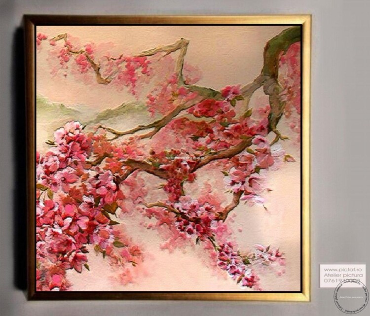 Tablouri pictate manual Tablou flori roz, Tablou abstract, tablou copac cu flori