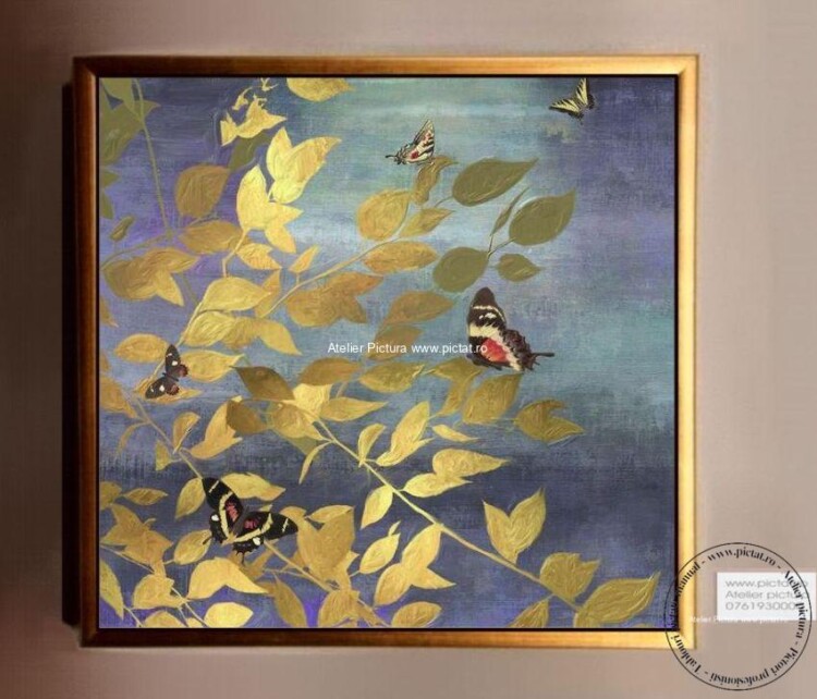 Tablou frunze aurii, tablouri cu pasari, tablouri frunze, tablou contemporan, tablou sufragerie, tablouri abstracte, tablouri mari