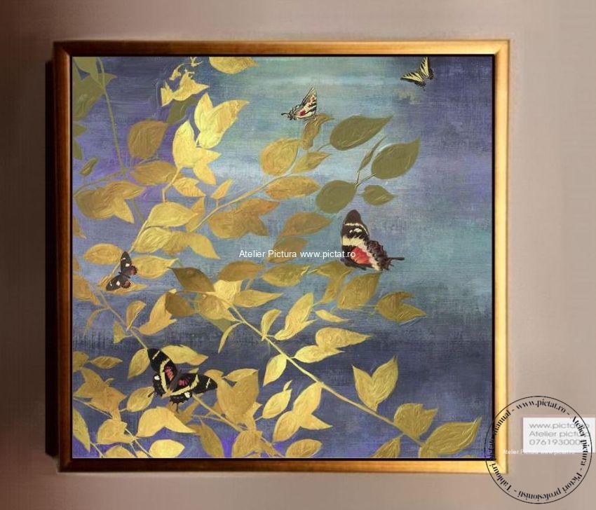 Tablou frunze aurii, tablouri cu pasari, tablouri frunze, tablou contemporan, tablou sufragerie, tablouri abstracte, tablouri mari