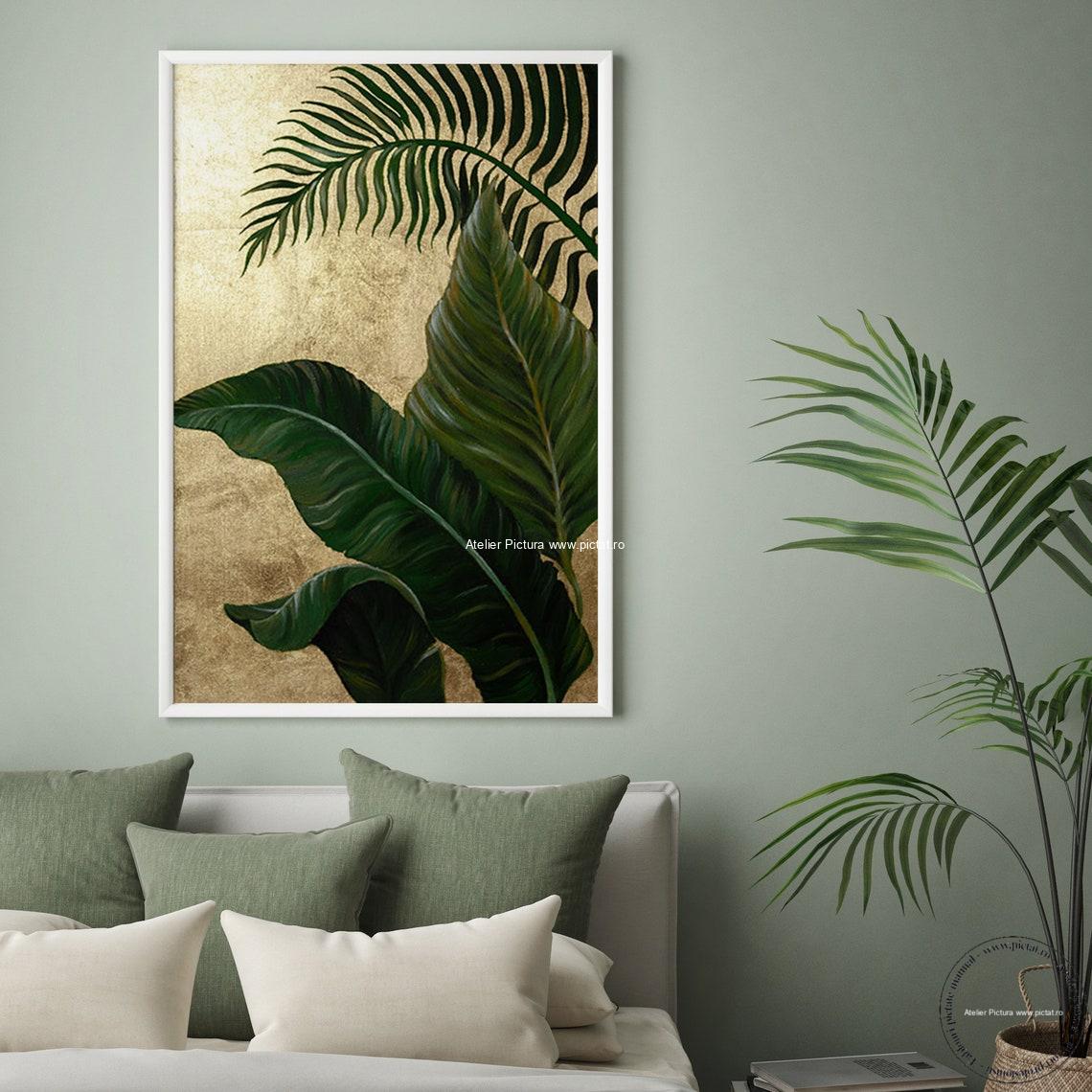 Tablouri pictate manual Tablou frunze tropicale, tablou abstract, tablou decorativ, tablou sufragerie, tablou hol, tablou dormitor, tablou living - imagine 7