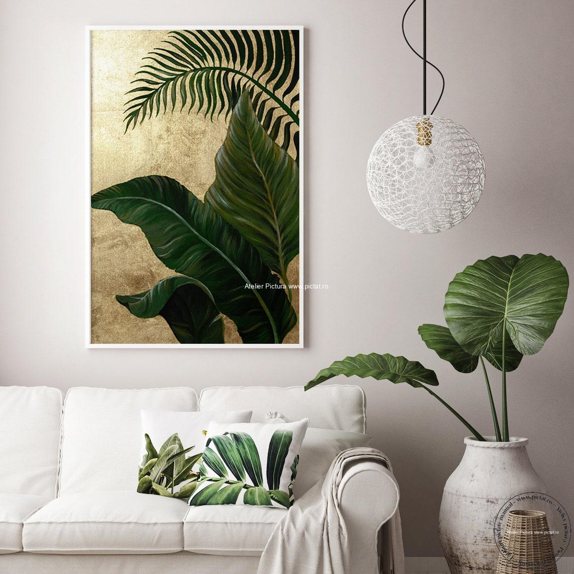 Tablouri pictate manual Tablou frunze tropicale, tablou abstract, tablou decorativ, tablou sufragerie, tablou hol, tablou dormitor, tablou living - imagine 2