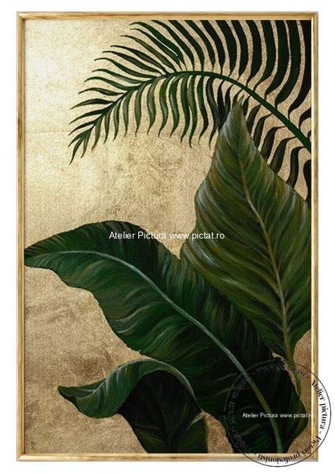 Tablouri pictate manual Tablou frunze tropicale, tablou abstract, tablou decorativ, tablou sufragerie, tablou hol, tablou dormitor, tablou living - imagine 3