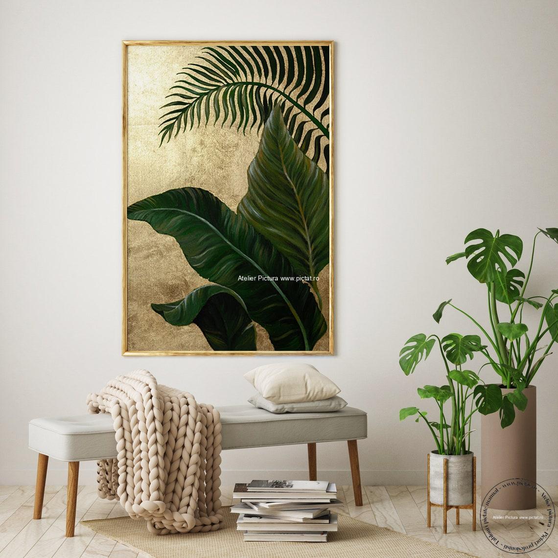 Tablouri pictate manual Tablou frunze tropicale, tablou abstract, tablou decorativ, tablou sufragerie, tablou hol, tablou dormitor, tablou living - imagine 4