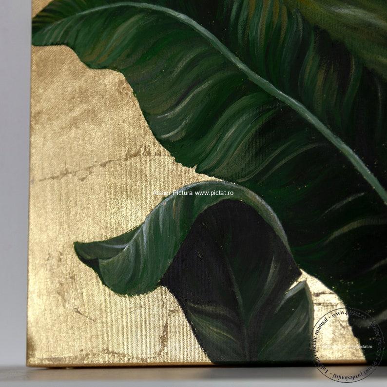 Tablouri pictate manual Tablou frunze tropicale, tablou abstract, tablou decorativ, tablou sufragerie, tablou hol, tablou dormitor, tablou living - imagine 6