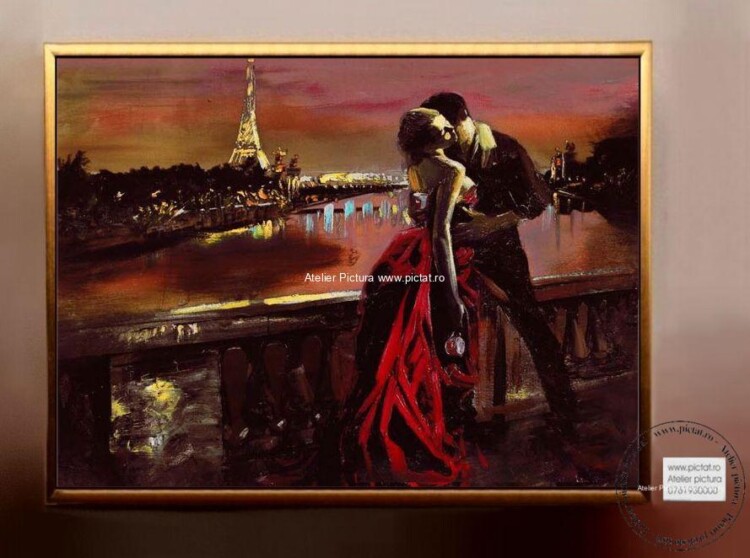 Tablouri pictate manual Tablou indragostiti, tablou paris, tablou peisaj parizian cu oameni