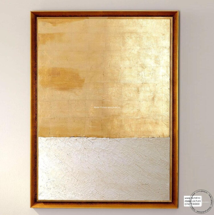 Tablou minimalist, tablou abstract auriu, tablouri aurii, tablou foita aur, tablou in relief efect 3D Tablou alb auriu