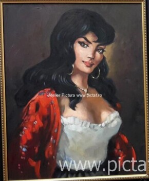 Tablou pictat semnat inramat pictura manuala in ulei pe panza, Portret tanara femeie bruneta voluptoasa, tanara femeie de spanioloaica 62×51cm