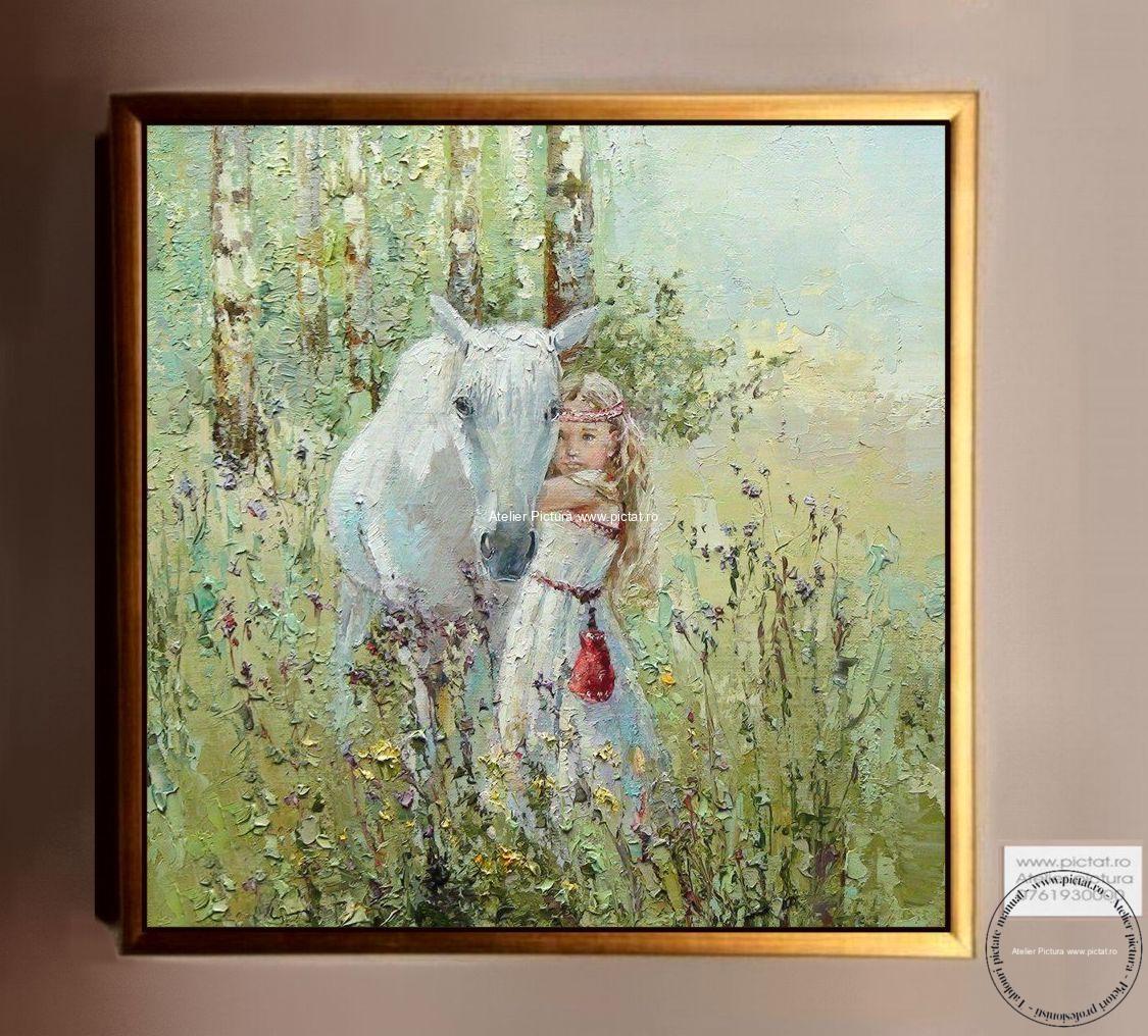 Tablouri pictate manual Tablouri pictate manual Tablou portret copil cu cal alb, tablou peisaj cu flori de camp, tablou 3D