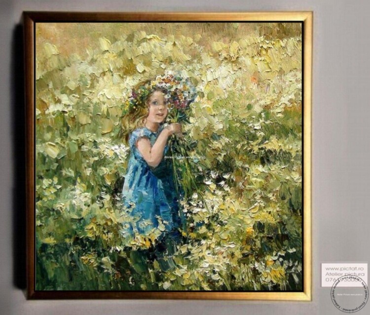 Tablouri pictate manual Tablou portret copil, tablou peisaj cu flori de camp, tablou 3D