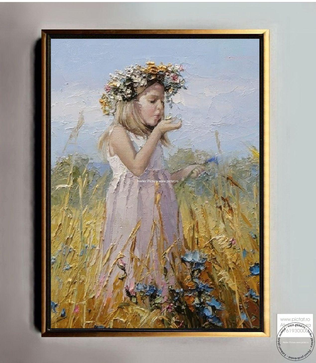 Tablouri pictate manual Tablou portret fetita, tablou cu peisaj de vara, pictura copil cu coronita de flori