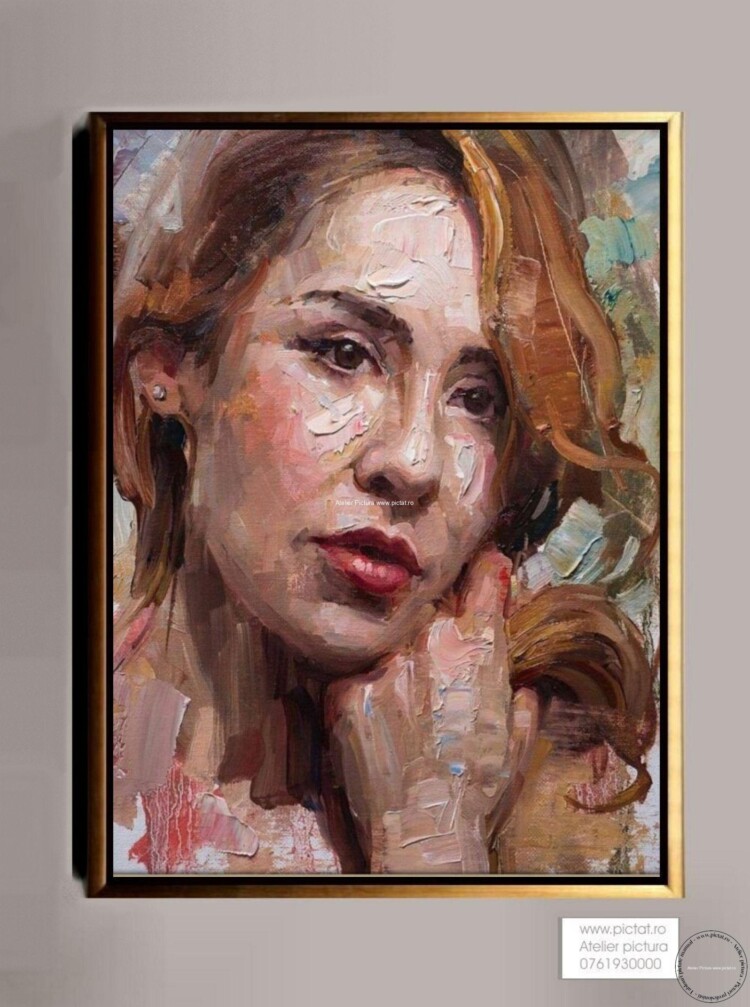 Tablouri pictate manual Tablou portret, pictura in cutit, Tablou portret femeie