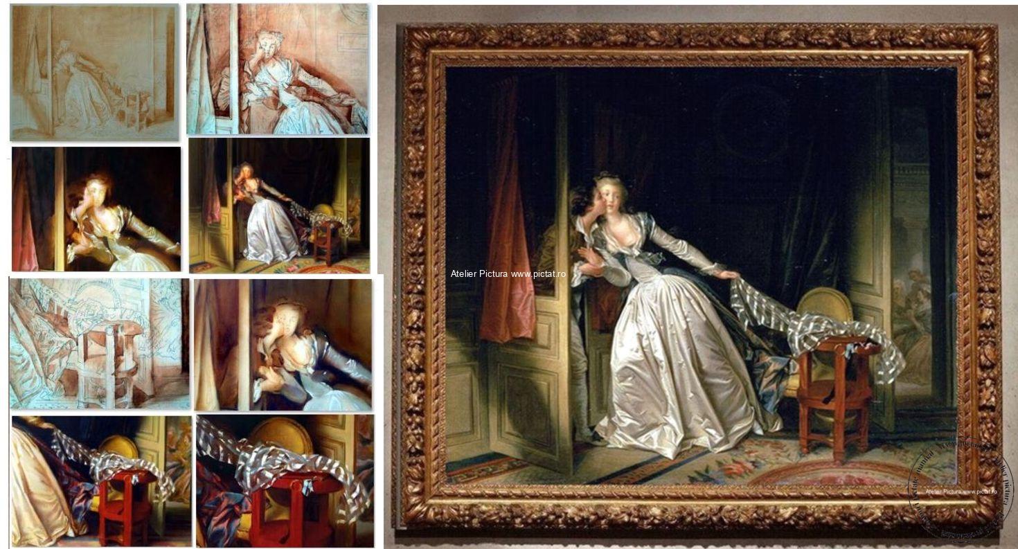 Tablou reproducere celebra Sarutul furat, pictor Jean Honore Fragonard The Stolen Kiss, Tablouri pictate la comanda, picturi realizate la comanda
