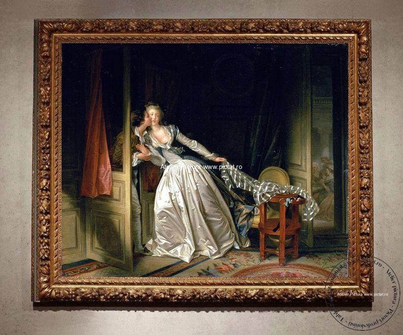 Tablou reproducere celebra Sarutul furat, pictor Jean Honore Fragonard The Stolen Kiss Tablouri la comanda, picturi realizate la comanda.dupa fotografie
