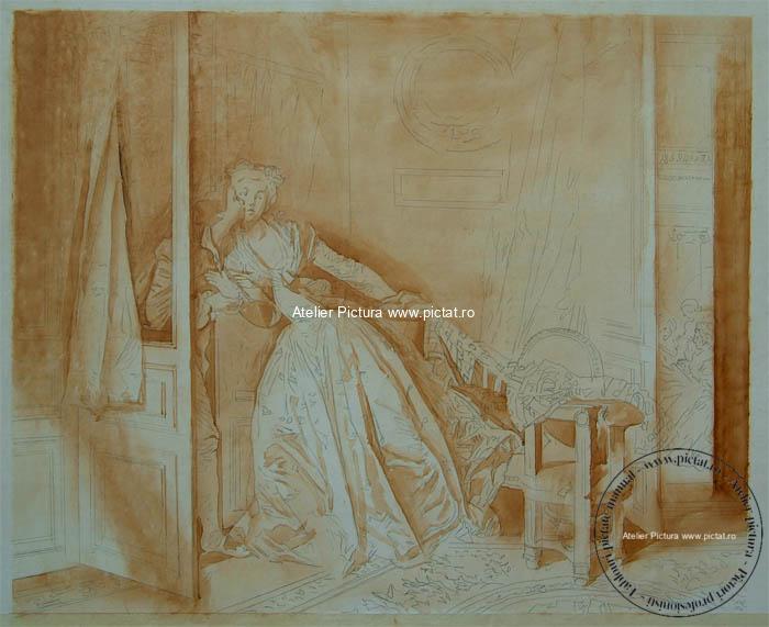 Reproduceri celebre, Tablou cu indragostiti Sarutul furat, pictor Jean Honore Fragonard The Stolen Kiss, Tablouri pictate la comanda