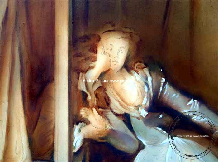 Pictori celebri Picturi reproduceri celebre, Tablou Sarutul furat, pictor Jean Honore Fragonard The Stolen Kiss, Tablouri pictate la comanda