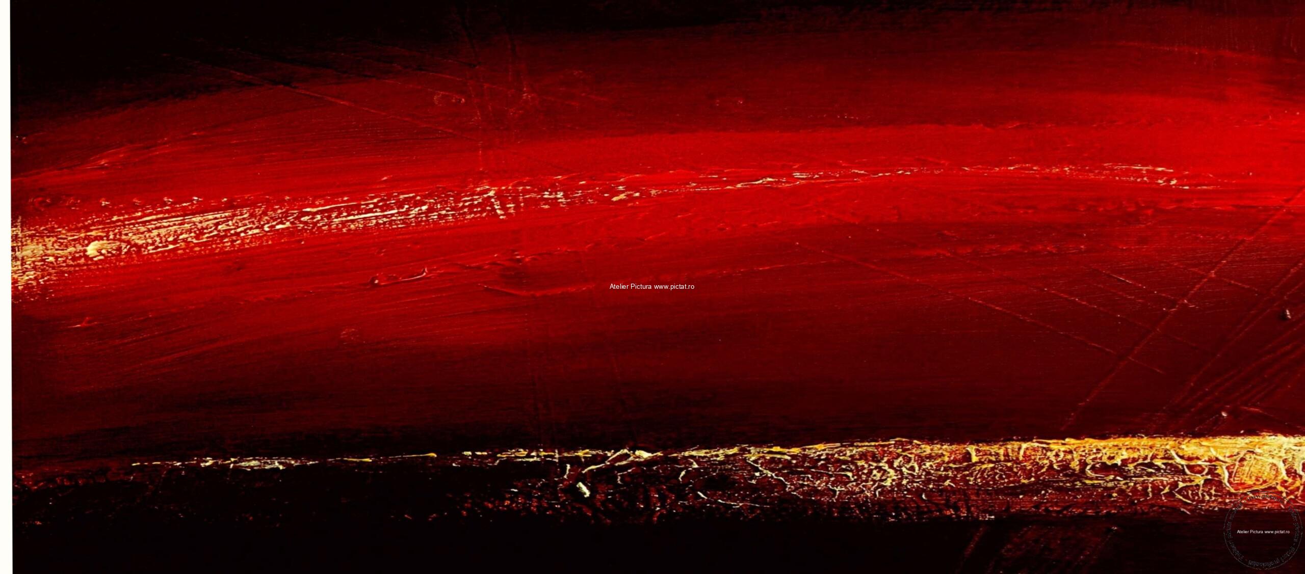 Tablouri pictate manual Tablou rosu negru auriu, tablou abstract auriu, tablouri aurii, tablou foita aur, tablou in relief efect 3D - imagine 3
