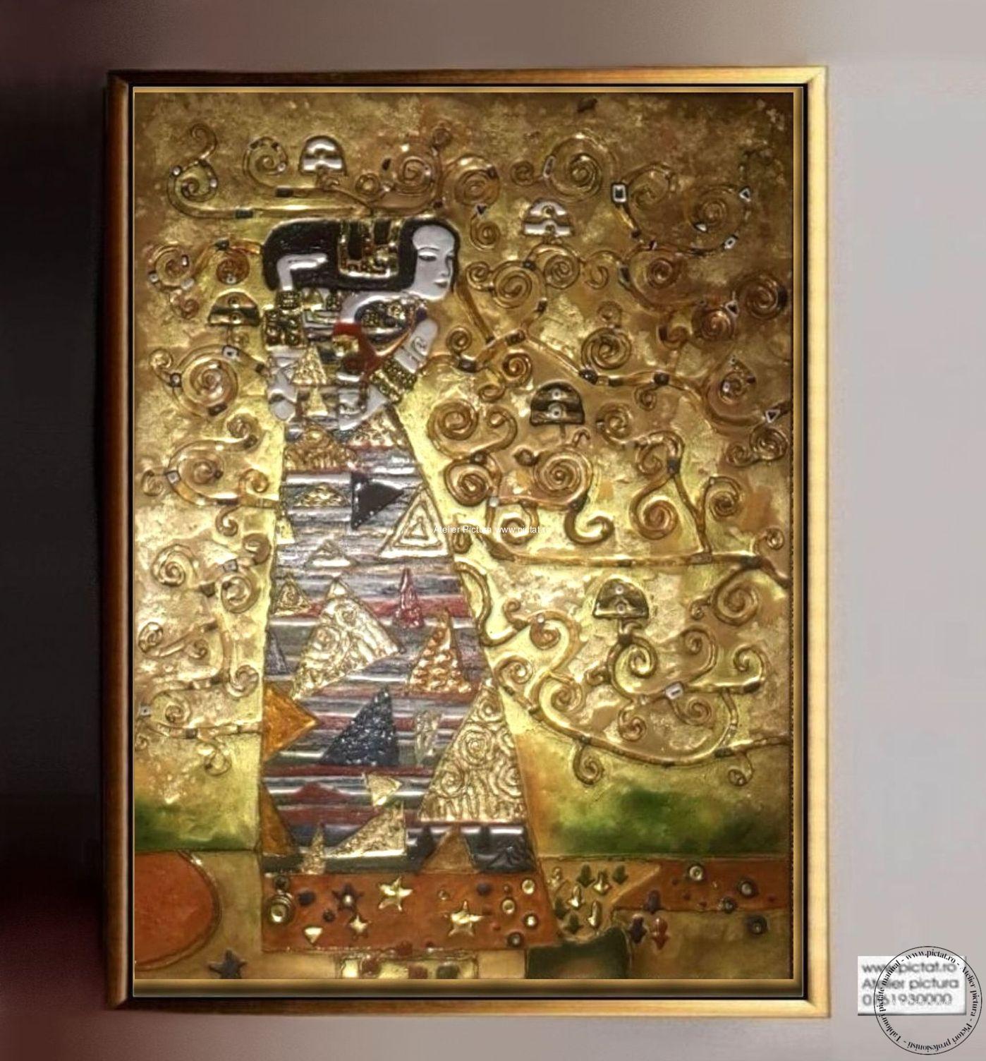 Tablouri pictate manual Tablouri Gusrav Klimt, tablou 3D, Tablou reliefat, Tablou foita aur